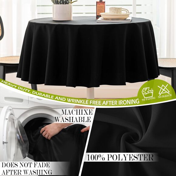 60 Inch Round Tablecloth – Black Polyester, Fits Max 50 Inch Diameter Table Top - Picture 4 of 7